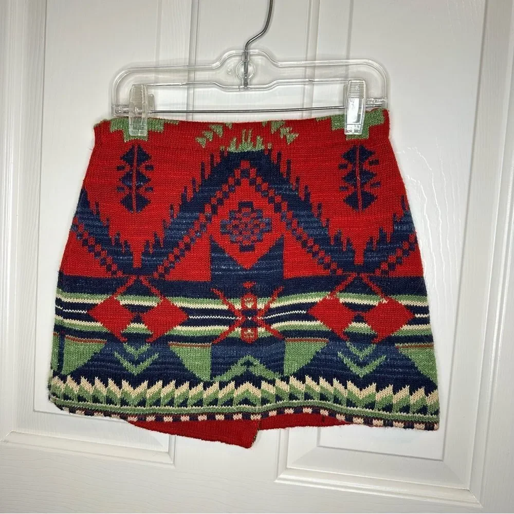 VTG Ralph Lauren Red Blue Green Aztec Knit Mini Wrap Skirt Youth Sz S/7 Western